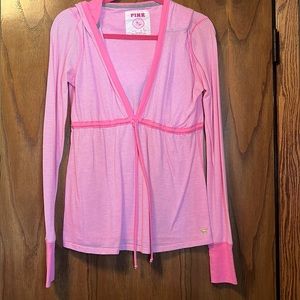 Pink Deep V Hooded Long Sleeve Top